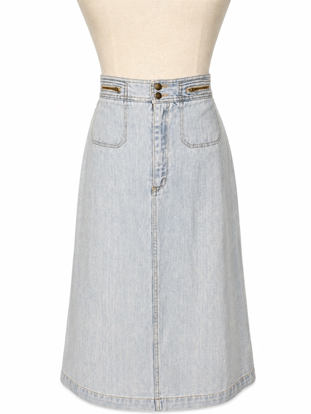 Vintage 80s Light Wash Denim A-Line Midi Skirt- zip pockets. 26" waist